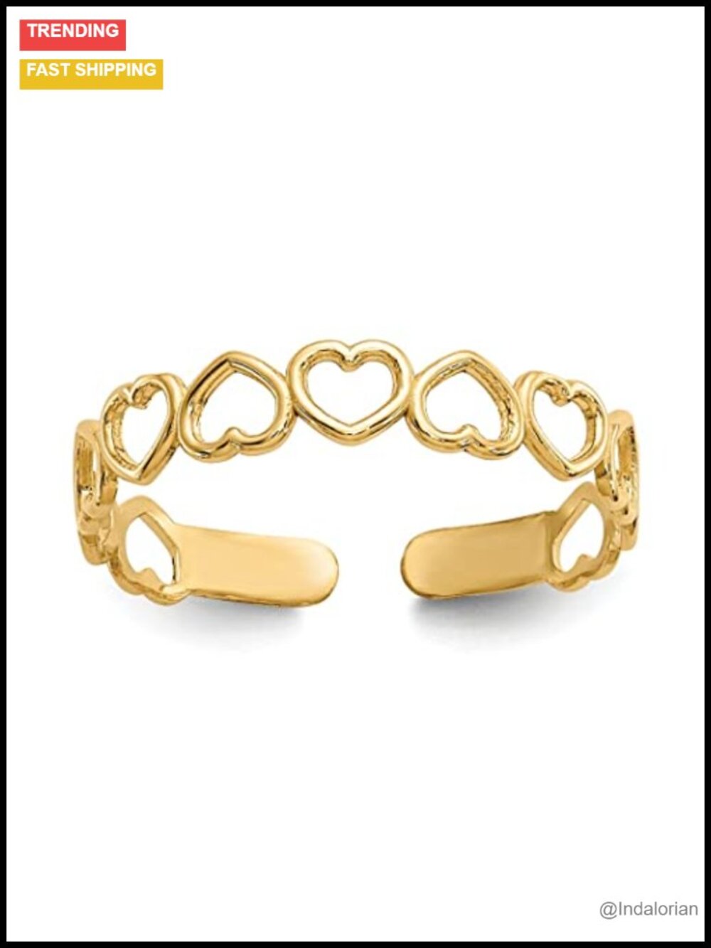 Solid 10k Gold Toe Ring - Alternating Open Hearts - Adjustable